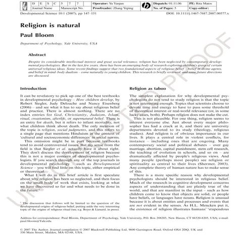 Religion is natural (bloom 2007) | PDF