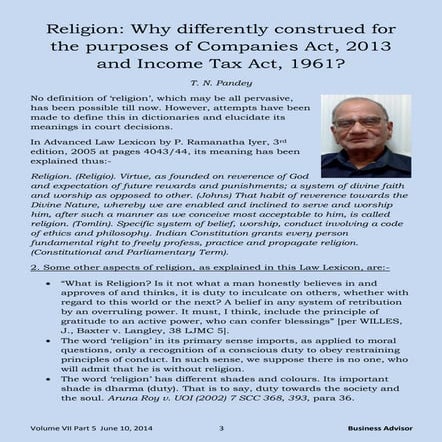 Religion under Companies Act, 2013 and Income Tax Act, 1961 - T. N. Pandey