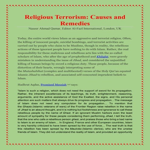 Religious terrorism   causes and remedies