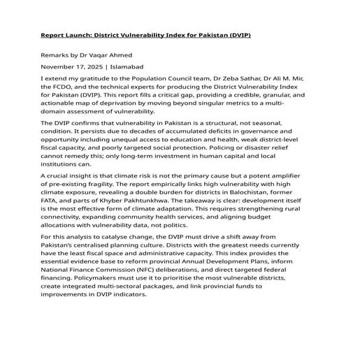 District Vulnerability Index for Pakistan (DVIP)