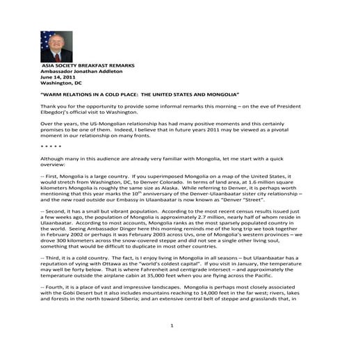 14.06.2011 Remarks on US-Mongolia relations, Ambassador Jonathan Addleton