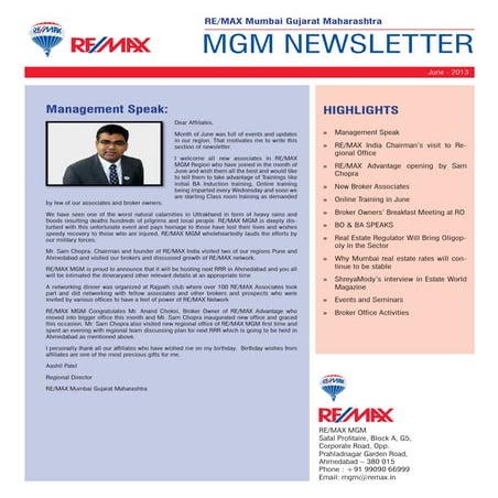 RE/MAX Mumbai Gujarat Maharashtra Newsletter June 2013