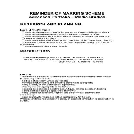 Reminder of marking scheme