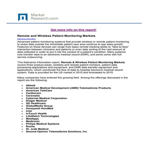 Remote and Wireless Patient Monitoring Markets