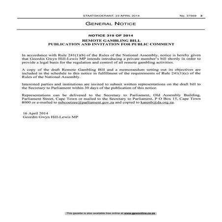 Remote gambling bill of South Africa. April 2014