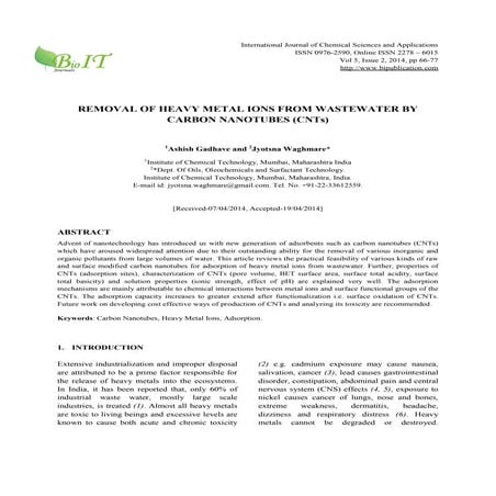 Removal of heavy metals from wastewater by carbon nanotubes