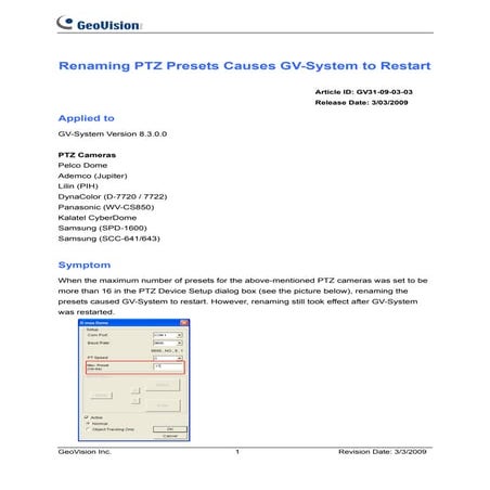 GeoVision : CCTV Solutions : Rename preset cause GV-NVR restart