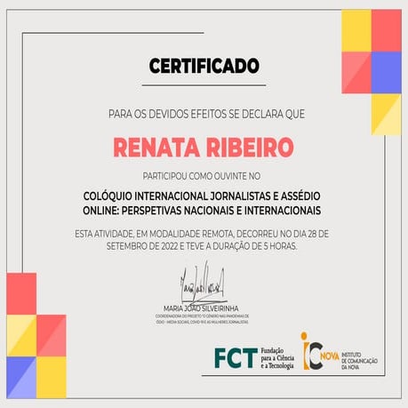 Certificado Colóquio internacional jornalismo e assédio onlin