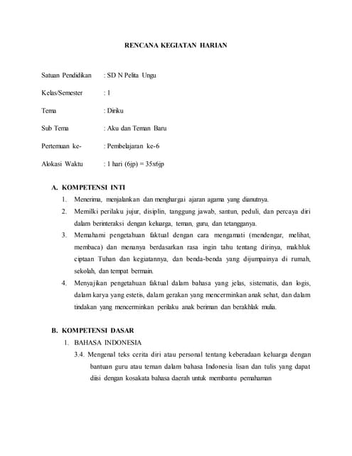 Rencana kegiatan harian kelas IV