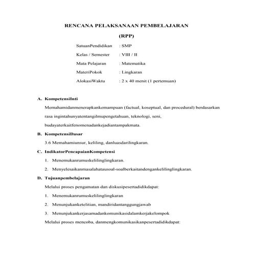 RENCANA PELAKSANAAN PEMBELAJARAN MATEMATIKA PENDEKATAN REALISTIK | DOCX