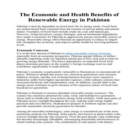 Economic and Health Benefits of Renewable Energy in Pakistan: A ...