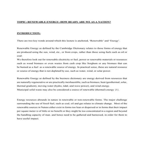 Public Lecture: RENEWABLE ENERGY: HOW READY ARE WE AS A NATION?