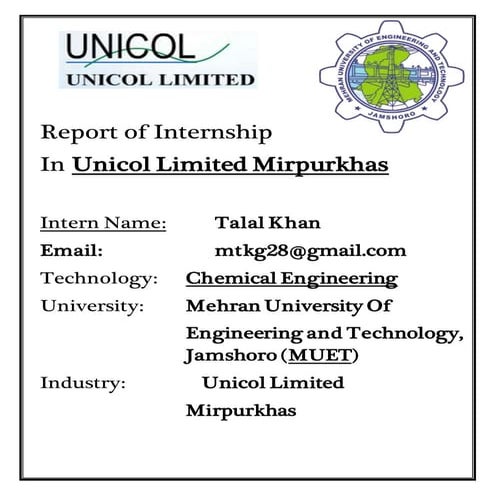 Internship Report of Unicol Mirpurkhas (Ethanol Distillery)