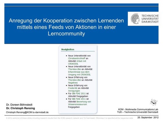 Anregung der Kooperation zwischen Lernenden mittels eines Feeds von Aktionen ...