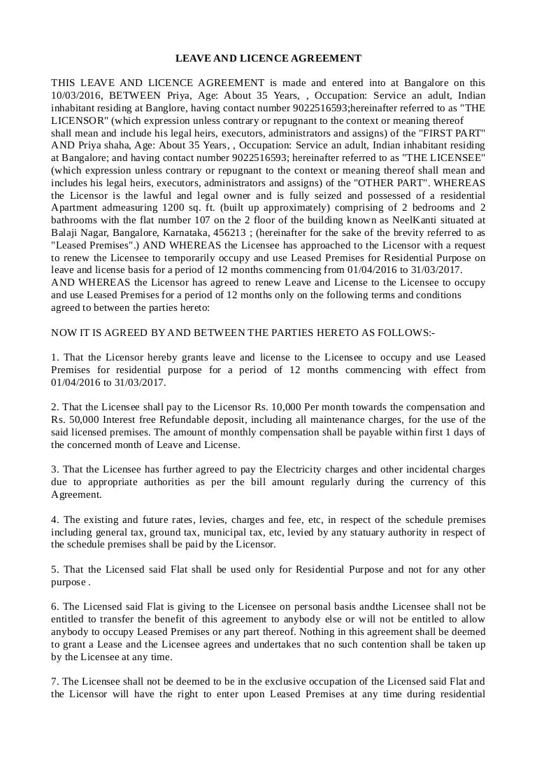 Rental leave and licence agreement Doc File NoBroker
