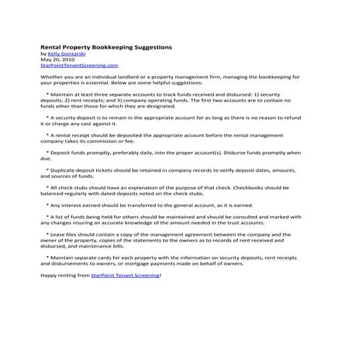Rental property bookkeeping suggestions