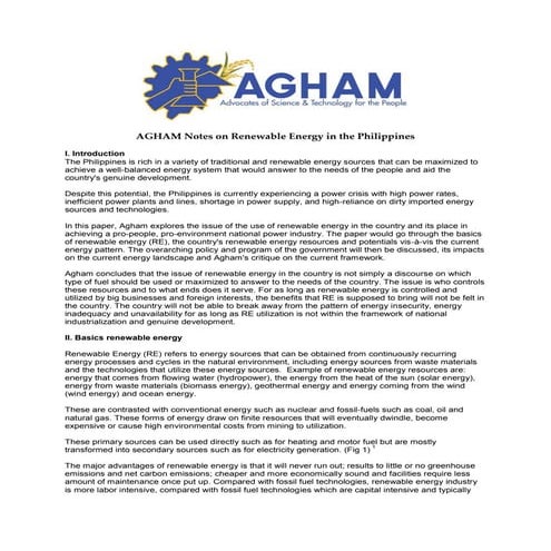 AGHAM Notes on Renewable Energy in the Philippines 