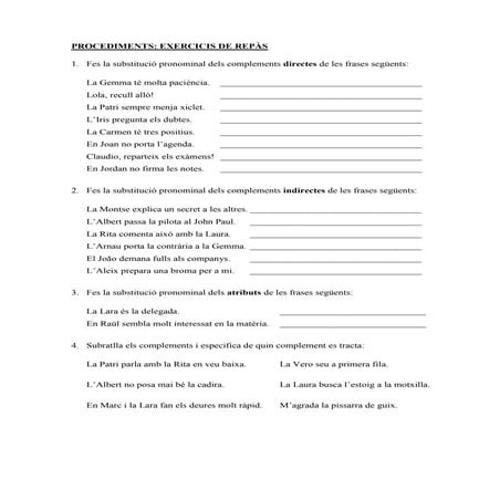 Exercicis de repàs dels complements: CD, CI, Atr, CC