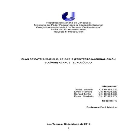 Aportes Tecnológicos del Plan Nacional Simón Bolívar 2007-2013, 2013-2019.