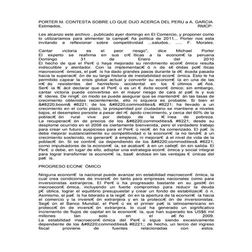 Replica de m. porter a alan garcia desarrollo sostenido del peru