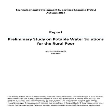 Preliminary study on potable water solutions for  the rural poor