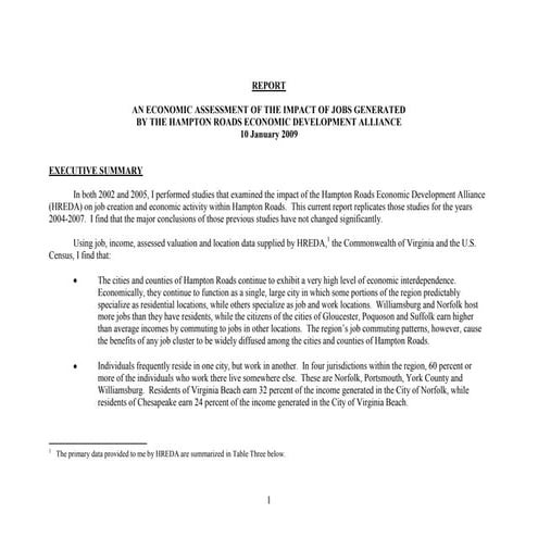 Economic Assessment of Impact of Jobs in Hampton Roads (2009)