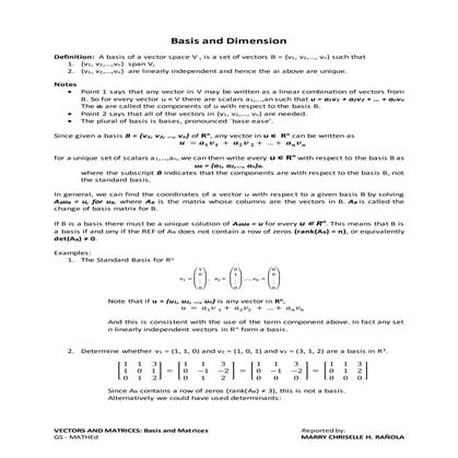 Vectors and Matrices: basis and dimension