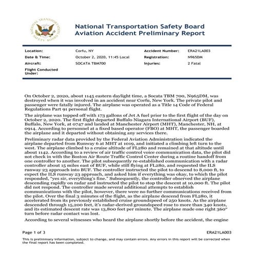 NTSB report on deadly plane crash near Corfu, NY