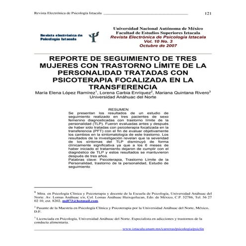 Reporte de seguimiento de tres mujeres con t rastorno limite de la personalid...