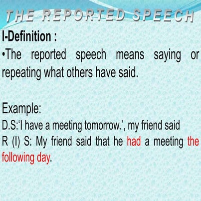 REPORTED SPEECH with Mrs speak free .ppt
