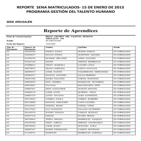 Reporte matriculados por ficha talento humano