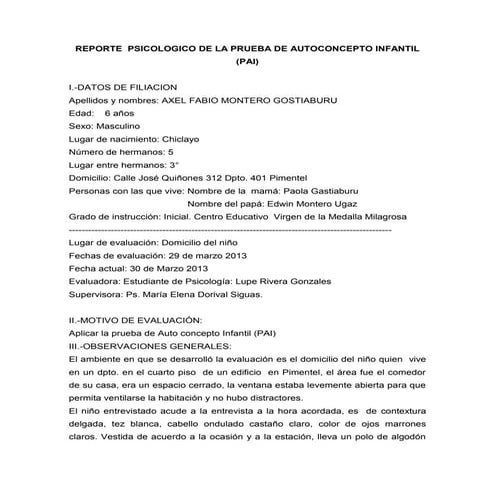 Informe  Psicologico de la prueba de autoconcepto infantil