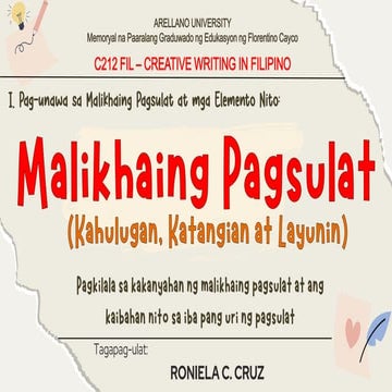 report_malikhaing pagsulat. KAHULUGAN, KATANGIAN, LAYUNIN AT KAIBAHAN