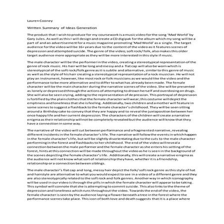 Report of ideas for a music video