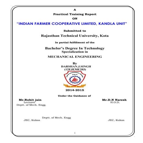 Report on "IFFCO-KANDLA UNIT by Darshan-JEC KUKAS,JAIPUR