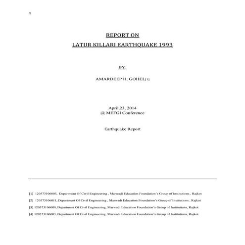 LATUR-KILLARI EARTHQUAKE 1993 REPORT