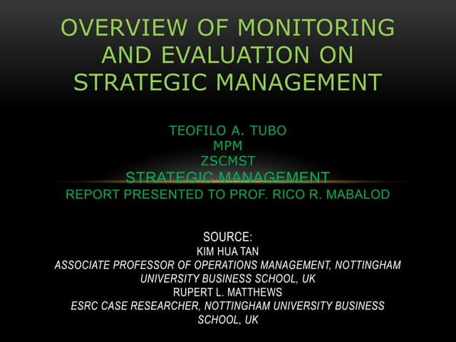 Report on overview monitoring and evaluation in Strategic Management_Report presented to Prof. Rico R. Mabalod