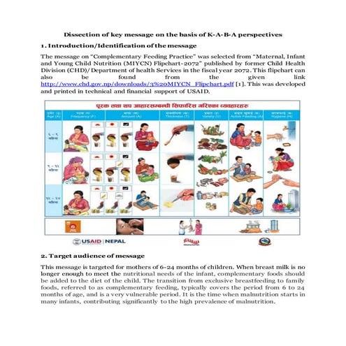 Key Message Dissections on Complementary Feeding and Assessing the Favorable and Unfavorable Behaviors/Practices on Maternal Nutrition  