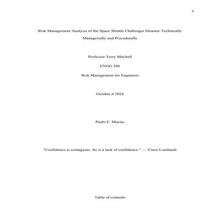 Risk Management Analysis of the Space Shuttle Challenger Disaster | DOCX