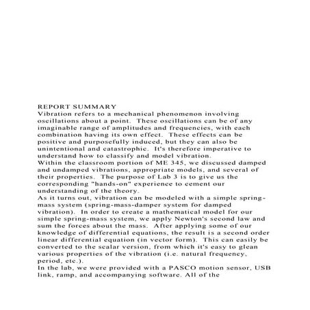 REPORT SUMMARYVibration refers to a mechanical.docx