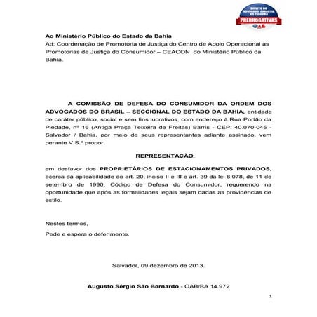 Representação da OAB contra estacionamentos privados