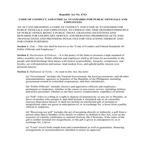 RA 6713 or Code of Conduct and Ethical Standards for Public Officials and Emp...
