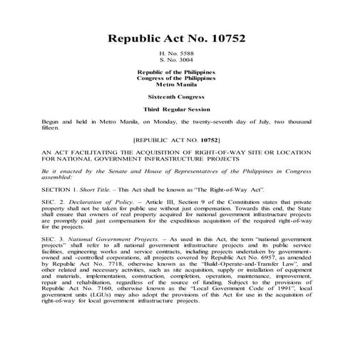 RA 10752:  THE RIGHT OF WAY ACT
