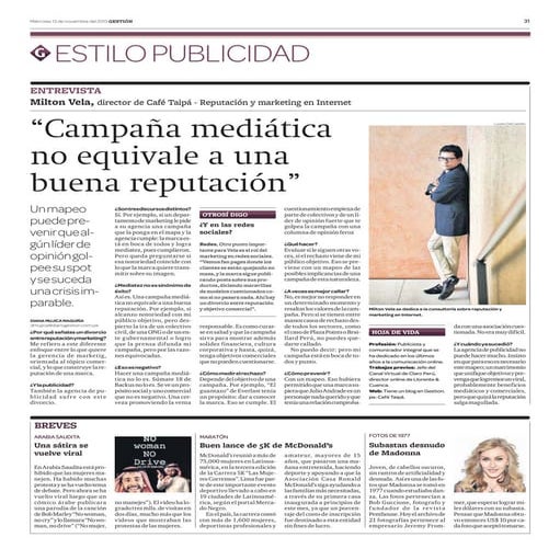 Reputación: El nuevo aliado del Plan de Marketing Digital | Entrevista a Milton Vela en el diario Gestión