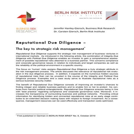 Reputational Due Diligence - The key to strategic risk management