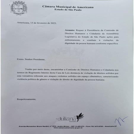 Requerimento da vereadora Juliana Soares (PT) à Câmara Municipal de Americana...