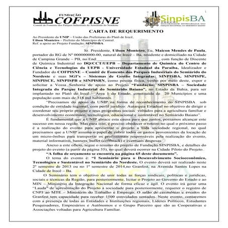 Requerimento de apoio/parceria do Projeto Fundaçâo: SINPISBA destinado a UNIP...