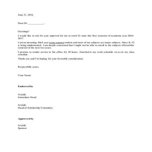 Sample Letter Request for Additional Units for Working Scholars