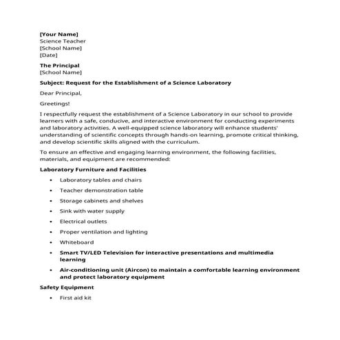 Comprehensive Proposal for Establishing a Modern Science Laboratory in ...