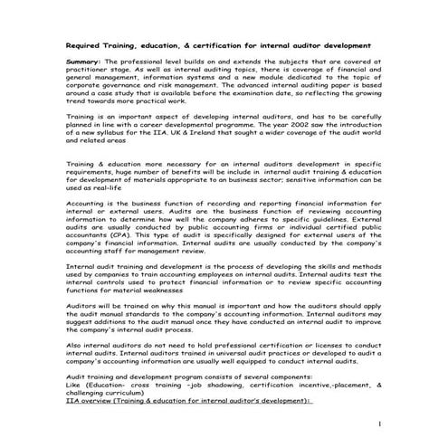 Required training, education, & certification for internal auditor development